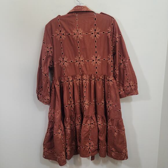 Eva Franco large eyelet chocolate brown 3/4 sleeve button front dress size M - Picture 4 of 9